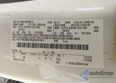 2019 Ford F-250 Lariat из США, поврежденный, VIN 1FT7W2B67KEF41501